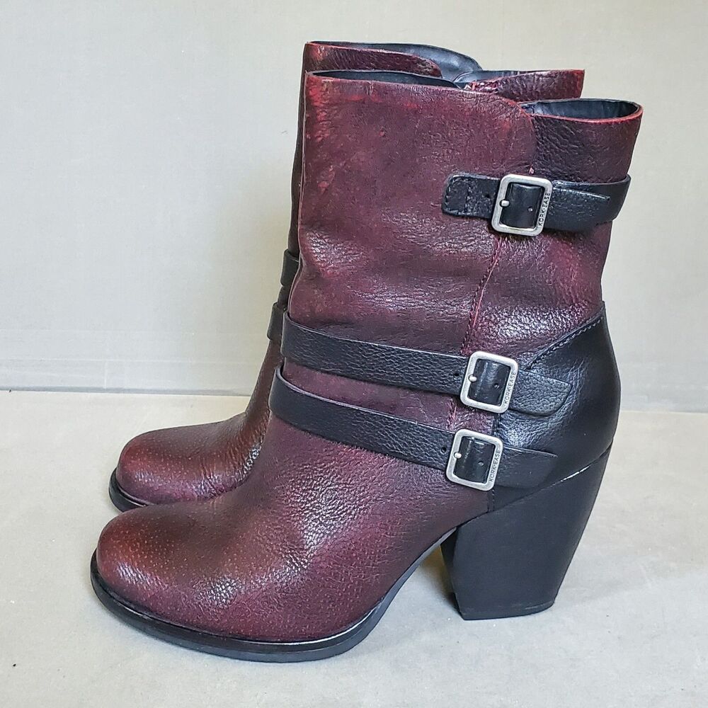 Kork Ease Anki Buckle Strap Leather Heeled Moto Boot Red/Black Women's sz 7.5